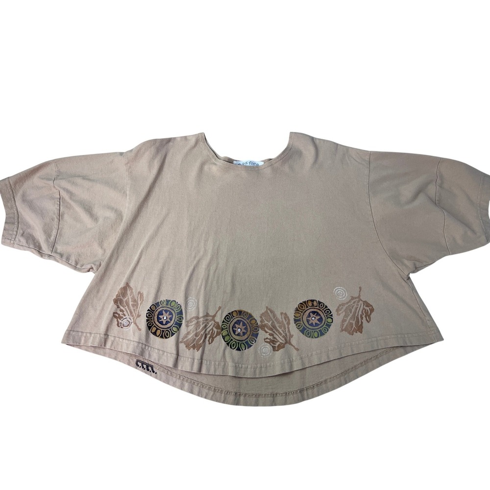 Blue Fish Crop Top Women OS Gold Excellent Hand Printed Organic Cotton Boxy Leaf